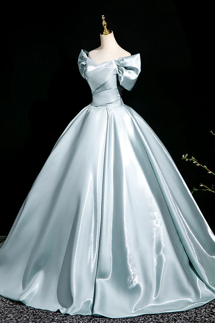 Blue Satin Long Prom Dress, A-Line Off the Shoulder Evening Party Dress